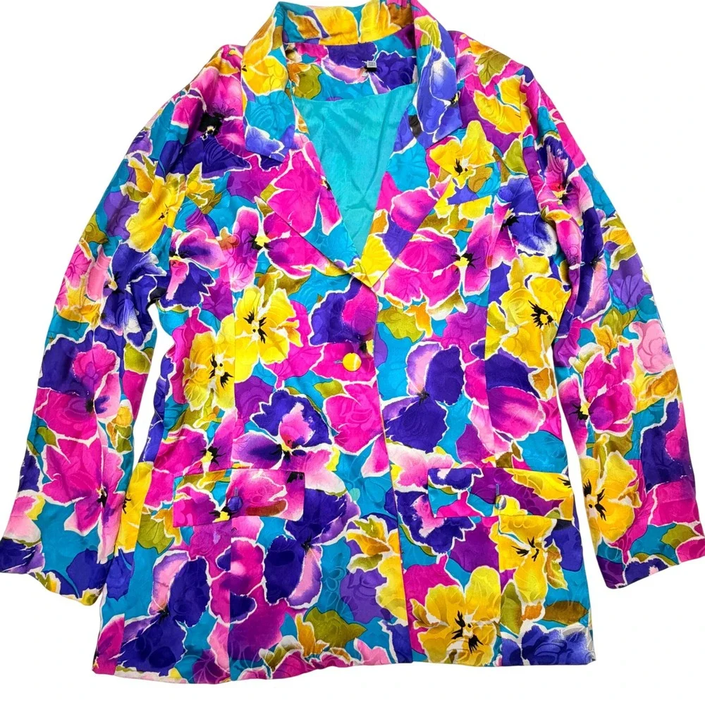 Vintage 100% Silk Floral Blazer Medium Multi Color‎ Dopamine 90s Career Luxury